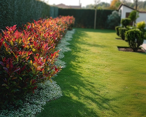 Haie colorée sous le soleil dans un jardin bien entretenu.